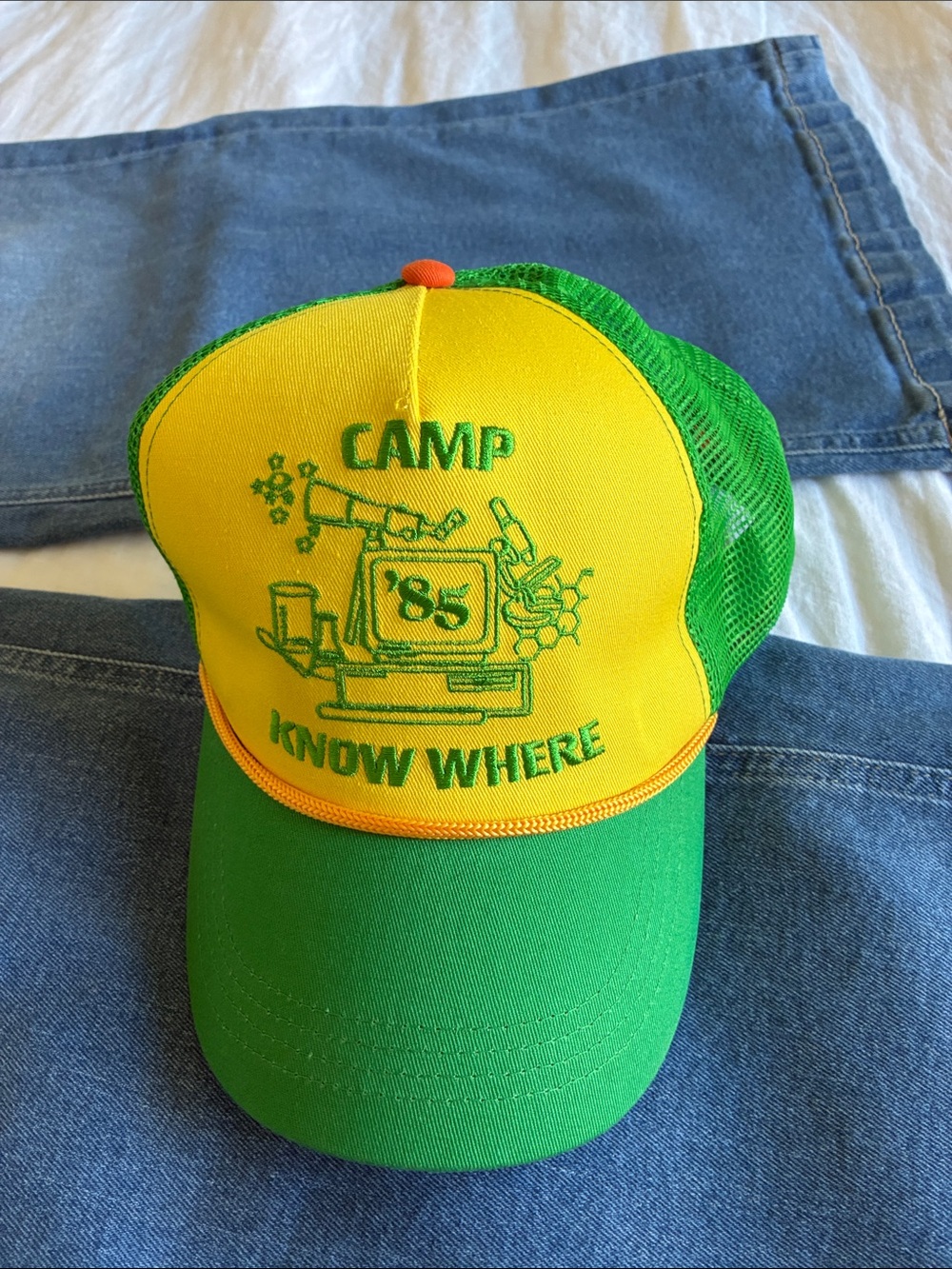 Vintage 'Camp Know Where' Trucker Hat - Yellow & Green strangers things